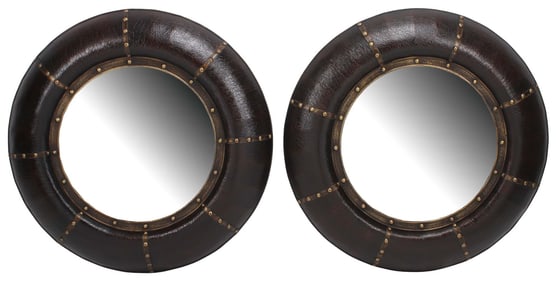 (2) LARGE EMBOSSED LEATHER ROUND MIRRORS, 40"DIAM
