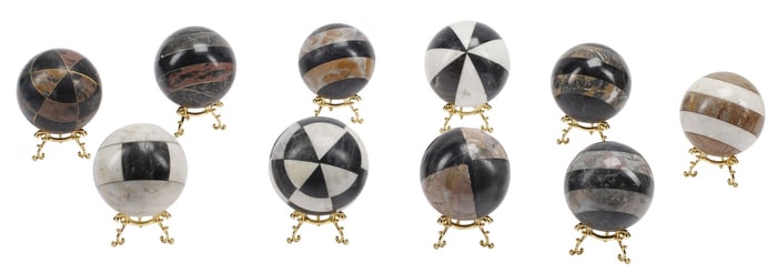 (10) DECORATIVE SPECIMEN MARBLE INLAID SPHERES ON STANDS