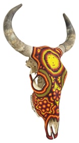 HUICHOL POLYCHROME-BEADED TAXIDERMY BULL SKULL, MEXICO