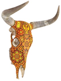 HUICHOL POLYCHROME-BEADED TAXIDERMY BULL SKULL, MEXICO