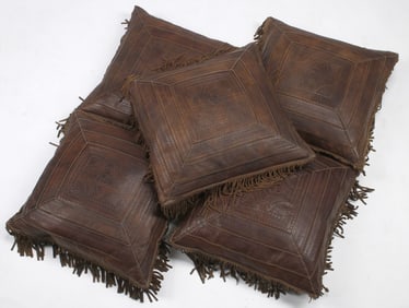 (5) RALPH LAUREN 'PINYON' FRINGED & EMBOSSED LEATHER THROW PILLOWS