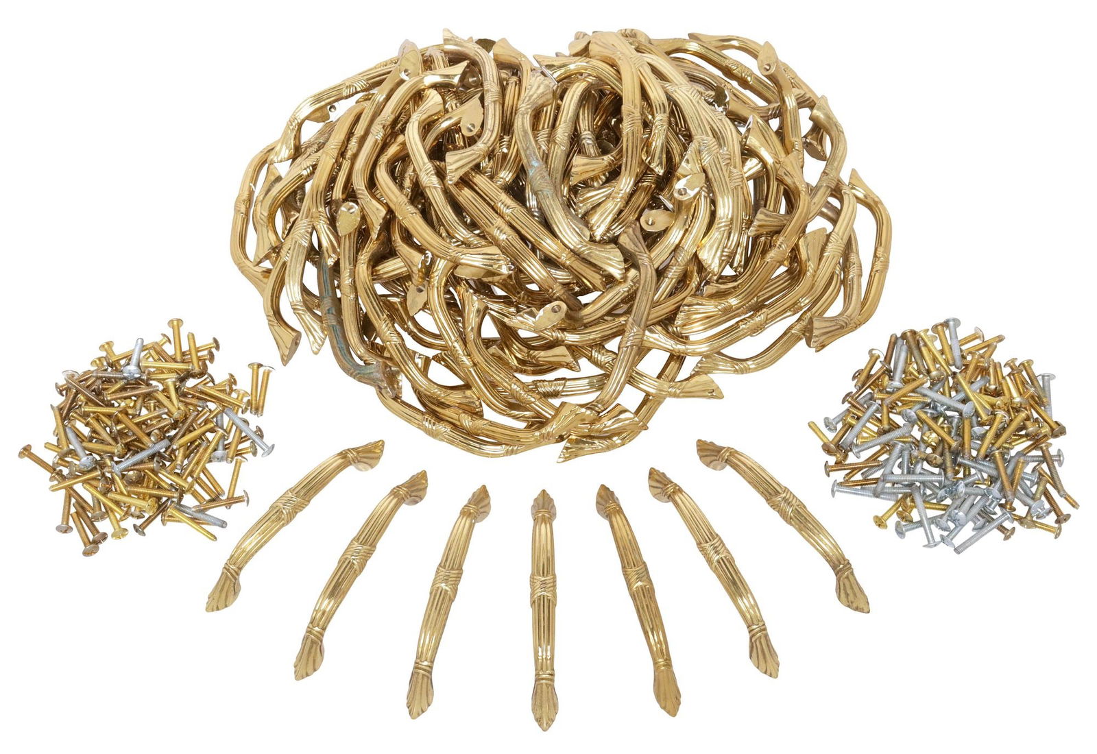 (LOT) ARCHITECTURAL POLISHED BRASS REEDED DRAWER PULLS: (lot) Architectural polished brass drawer pulls, 20th/ 21st c., all having reeded design, with flared ends, approx 4.75"l, 1.25"w, 24lbs total **Provenance: the contents of a retired Wall Street