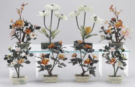 (8) CHINESE HARDSTONE FLOWERING TREES IN STONE PLANTERS