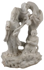 LARGE CHINESE CARVED MARBLE SCULPTURE OF GUANYIN & CHILD, 38"H