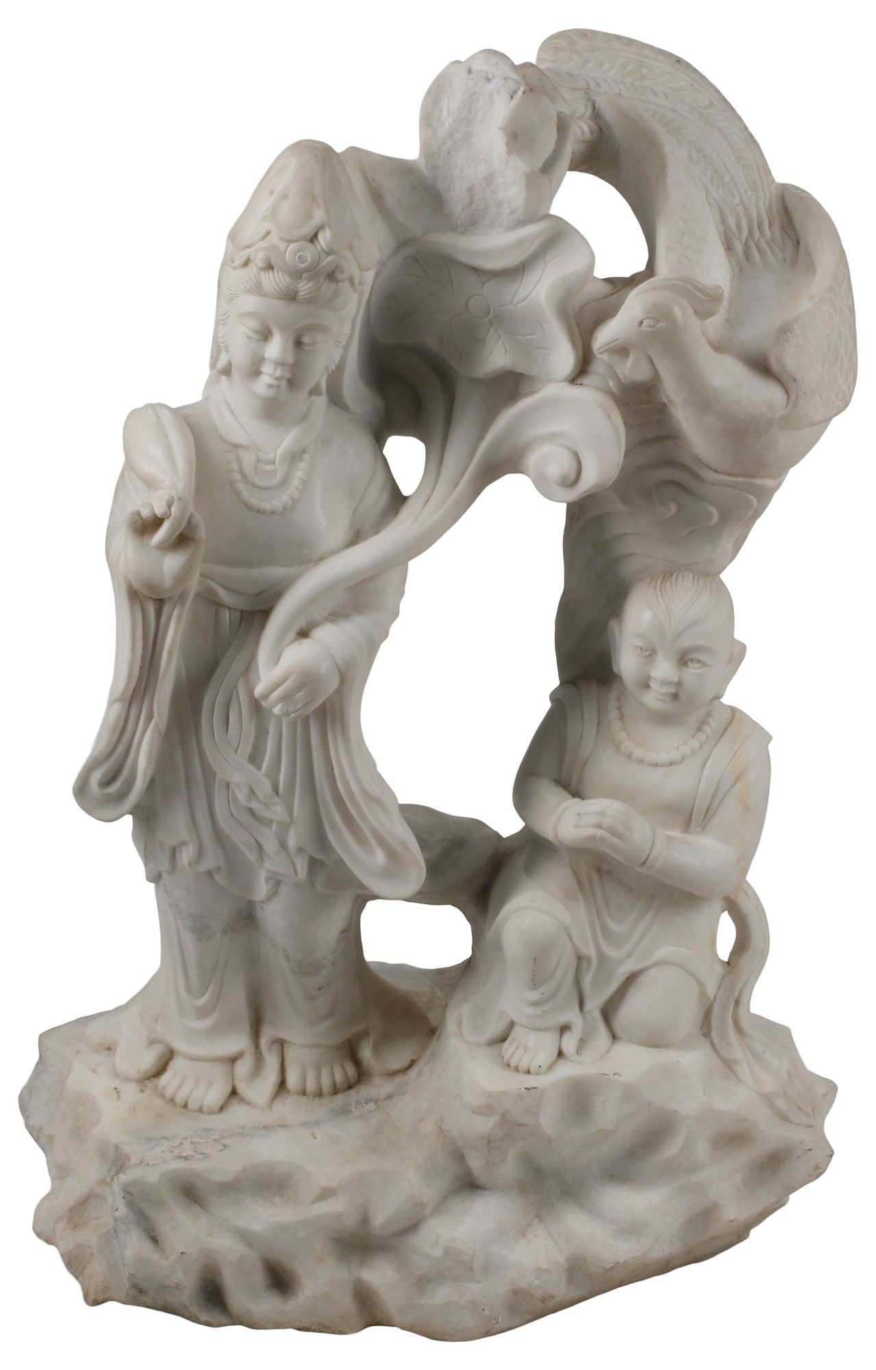 LARGE CHINESE CARVED MARBLE SCULPTURE OF GUANYIN & CHILD, 38"H (1 of 5)