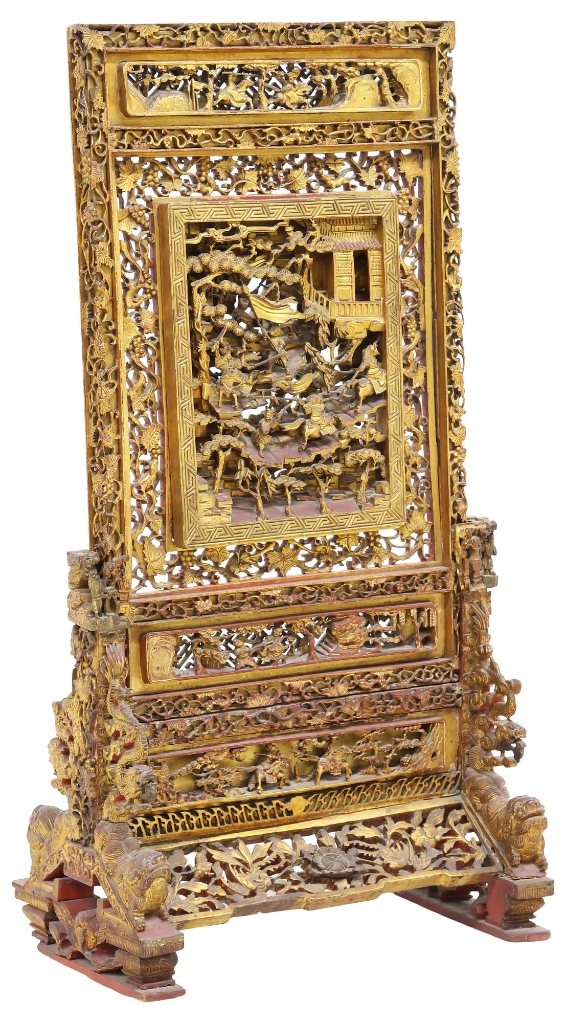 LARGE CHINESE CARVED & PARCEL-GILT RED LACQUER TABLE SCREEN, 35"H (1 of 6)