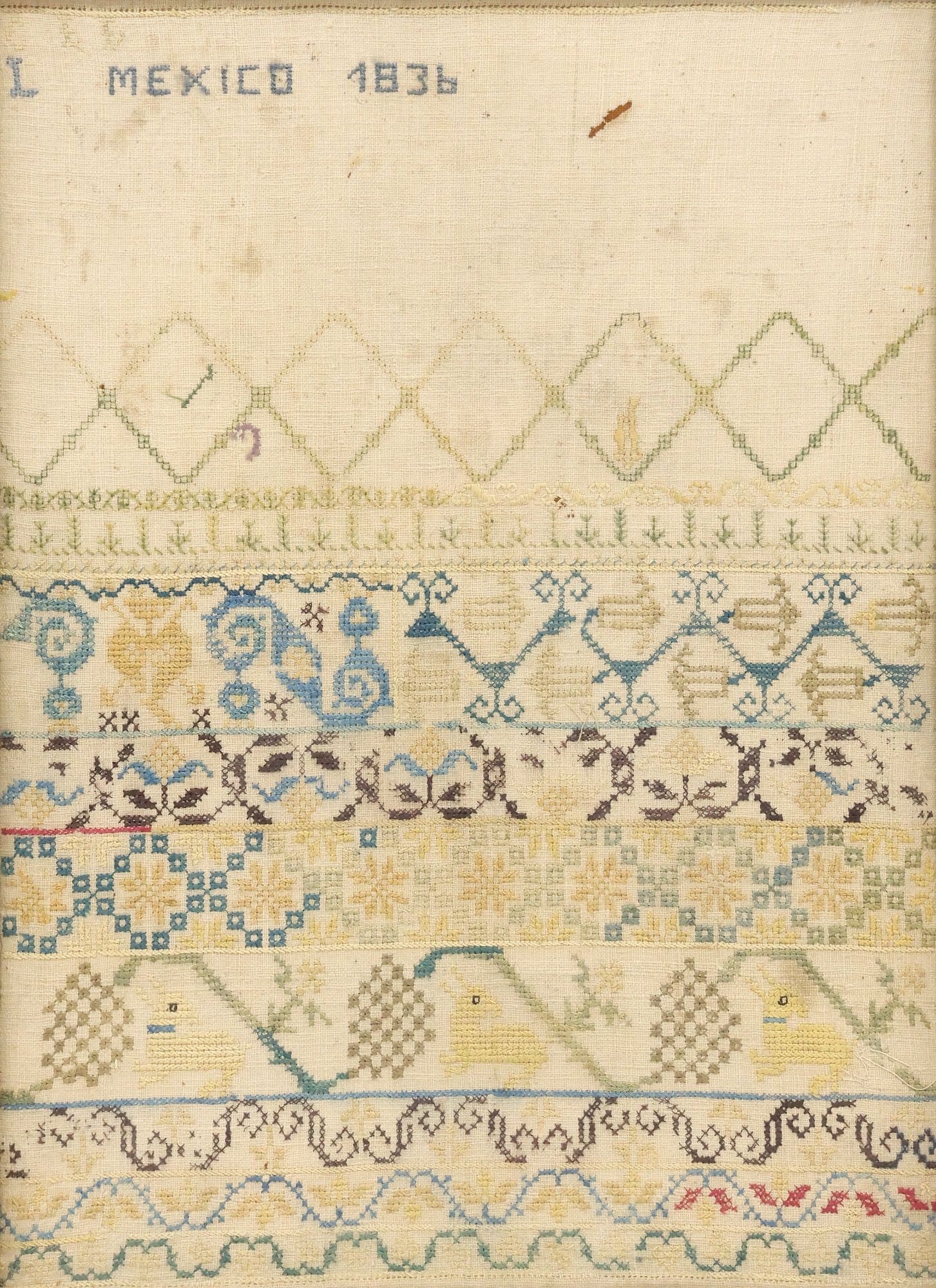 FRAMED NEEDLEWORK EMBROIDERY SAMPLER DATED 1836, MEXICO (1 of 4)