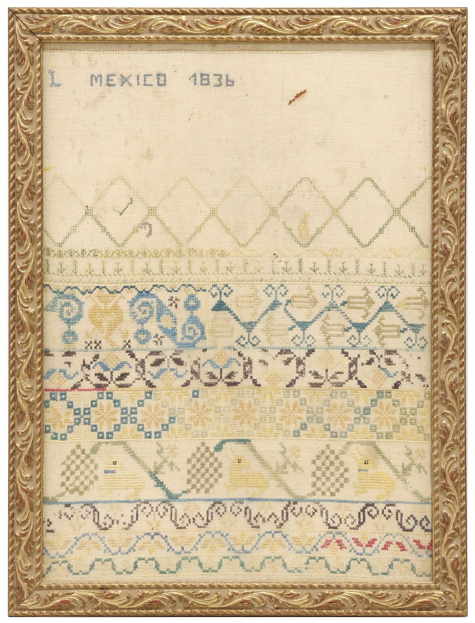 FRAMED NEEDLEWORK EMBROIDERY SAMPLER DATED 1836, MEXICO - 2