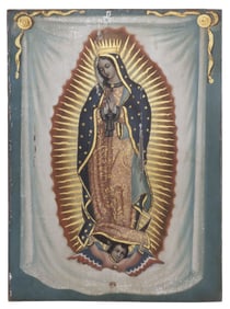 LARGE RELIGIOUS OIL ON TIN RETABLO, OUR LADY OF GUADALUPE, MEXICO, 17"H