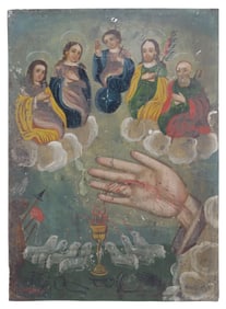 OIL ON TIN RETABLO, 'LA MANO PODEROSA & LAS CINCO PERSONAS'