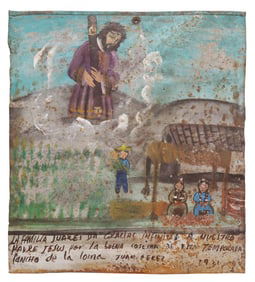 OIL ON TIN EX-VOTO, THANKING CHRIST FOR A GOOD HARVEST