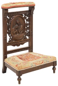 FRENCH CARVED WALNUT NEEDLEPOINT PRIE-DIEU / PRAYER KNEELER