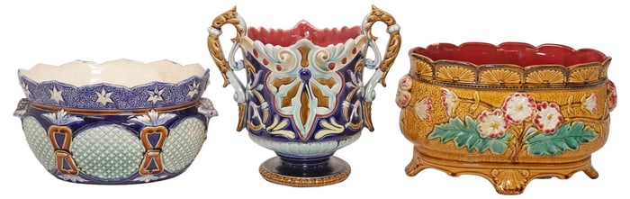 (3) FRENCH ART NOUVEAU MAJOLICA JARDINIERES / PLANTERS