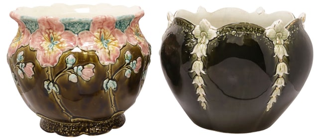 (2) FRENCH GUSTAVE DE BRUYN ART NOUVEAU MAJOLICA PLANTERS