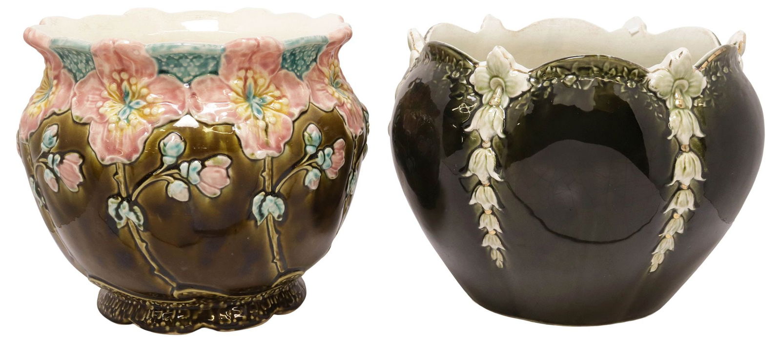 (2) FRENCH GUSTAVE DE BRUYN ART NOUVEAU MAJOLICA PLANTERS (1 of 5)