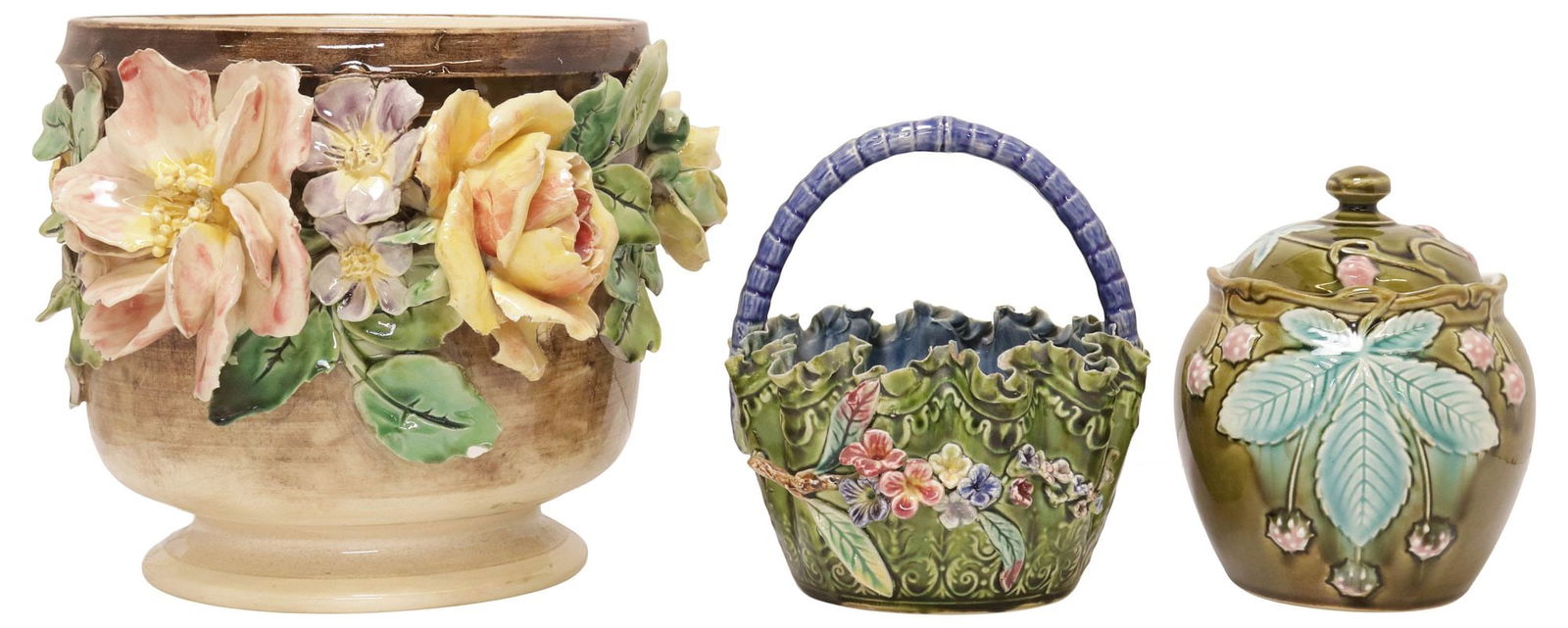 (3) FRENCH ART NOUVEAU MAJOLICA JARDINIERE, COVERED JAR & BASKET (1 of 4)