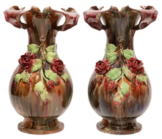 (2) FRENCH ART NOUVEAU BARBOTINE MAJOLICA BALUSTER VASES
