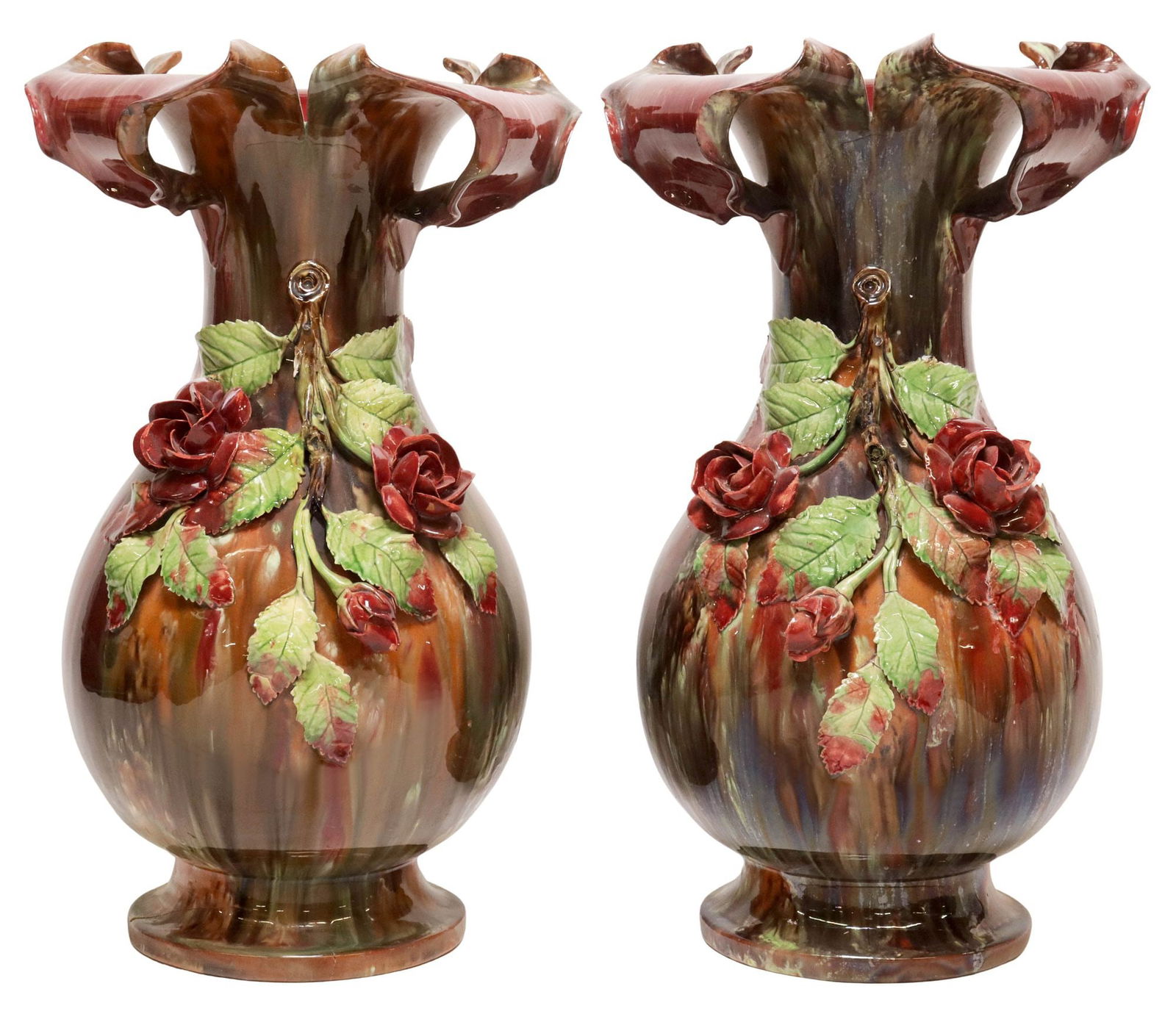 (2) FRENCH ART NOUVEAU BARBOTINE MAJOLICA BALUSTER VASES (1 of 4)