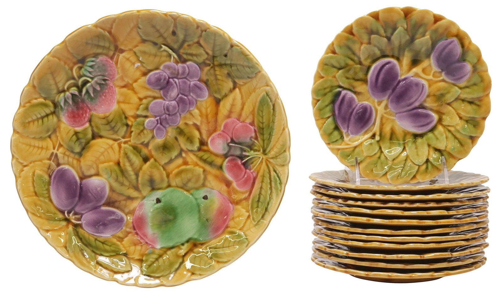 (13) FRENCH SARREGUEMINES MAJOLICA FRUIT DESSERT SERVICE (1 of 3)