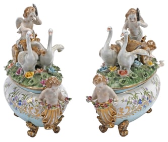 (2) MEISSEN STYLE FIGURAL CHERUB PORCELAIN COVERED TUREENS