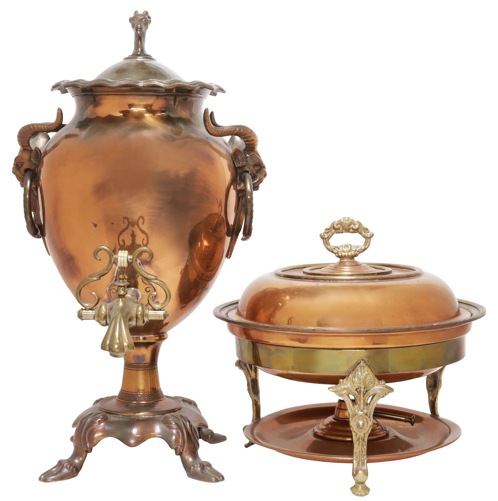 (2) COPPER CHAFFING DISH & FIGURAL MOUNTED SAMOVAR / HOT WATER URN (1 of 9)