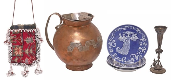 (6) MEXICO VICTORIA PITCHER, COLLECTOR'S PLATES, BEADED BAG & VASE