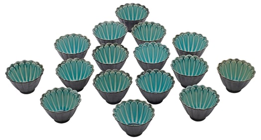 (16) TEAL & BLACK GLAZED PORCELAIN FLUTED BOWLS