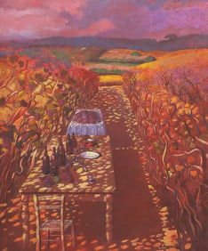 ANDREA RAZZAUTI (20TH C.) OIL PAINTING, 'IN THE VINEYARD  II'