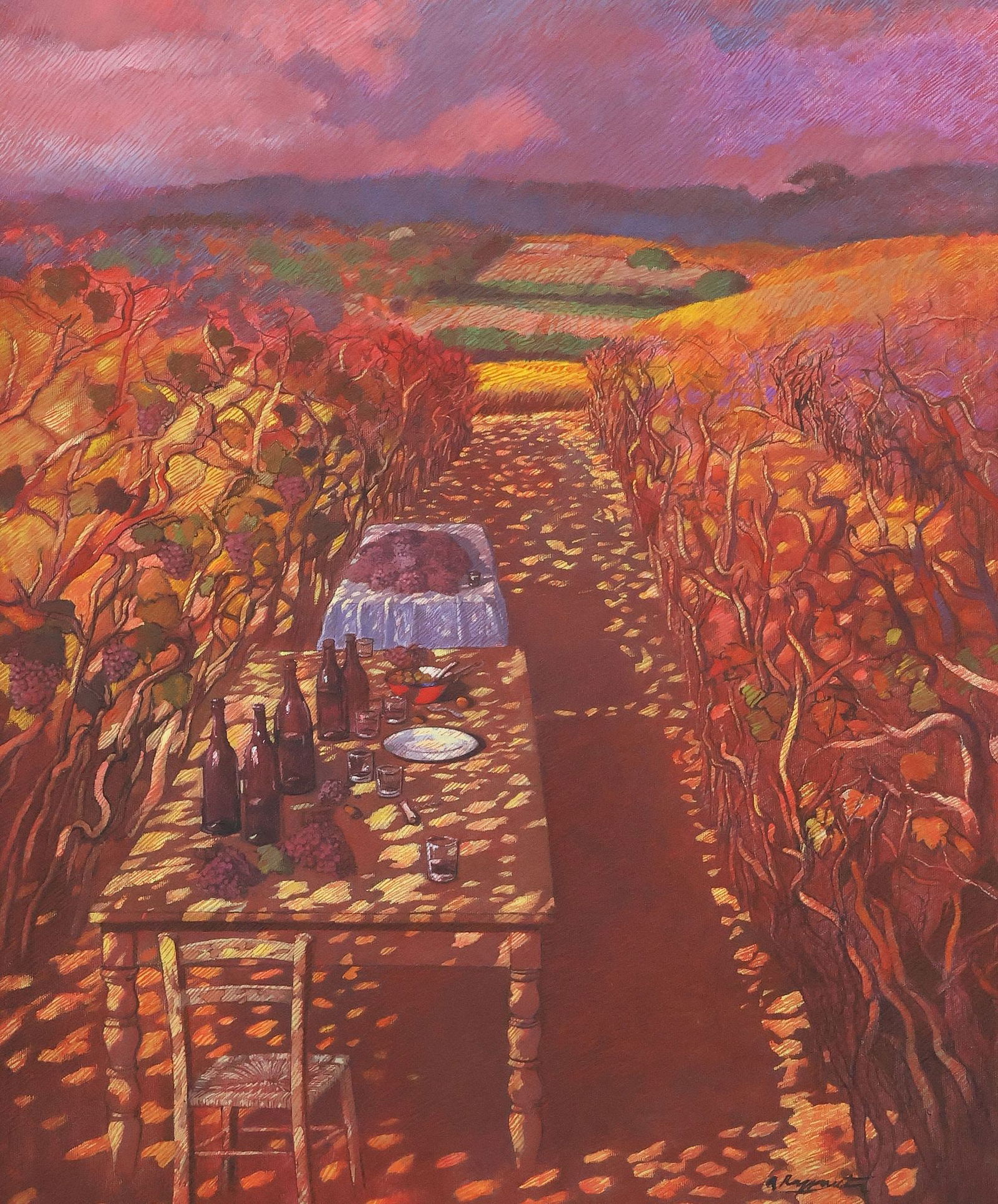 ANDREA RAZZAUTI (20TH C.) OIL PAINTING, 'IN THE VINEYARD II': Framed oil on canvas painting, "Nel Vigneto 2, (In the Vineyard 2)," signed lower right A. Razzauti (Andrea Razzauti, Italy, 20th c.), further signed and titled verso, sight: approx 23.5"h, 19.25"w, o