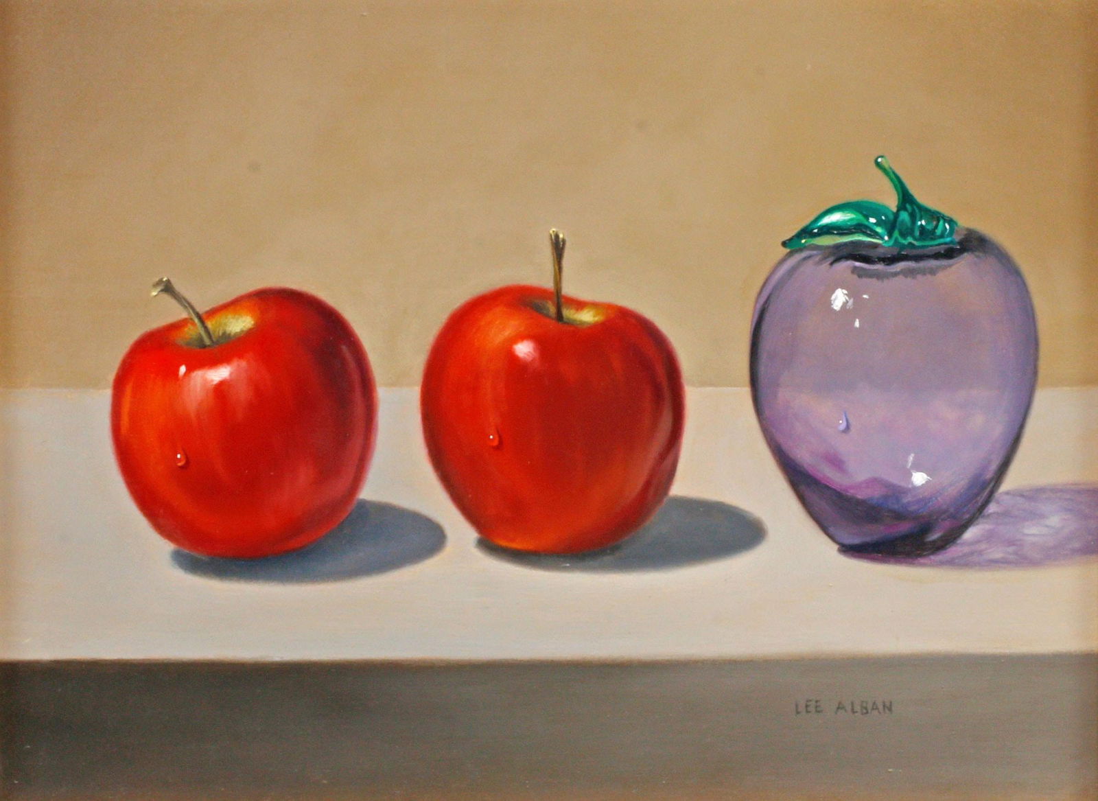LEE ALBAN (B.1948) OIL PAINTING, STILL LIFE WITH APPLES & GLASS FRUIT: Framed oil on board painting, Still Life with Apples and Glass Fruit, signed lower right Lee Alban (Maryland, b.1948), sight: approx 8.5"h, 11.5"w, overall: approx 13.25"h, 16.25"w, 3.5lbs