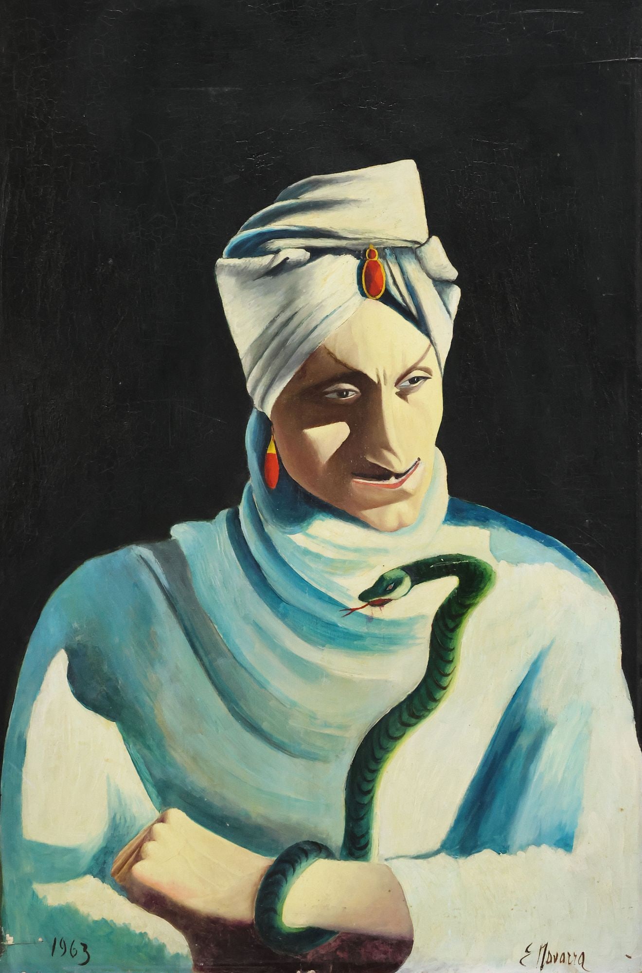 EMIDIO NAVARRA (B.1915) OIL PAINTING, MAGICIAN WITH SNAKE, 1963 (1 of 7)