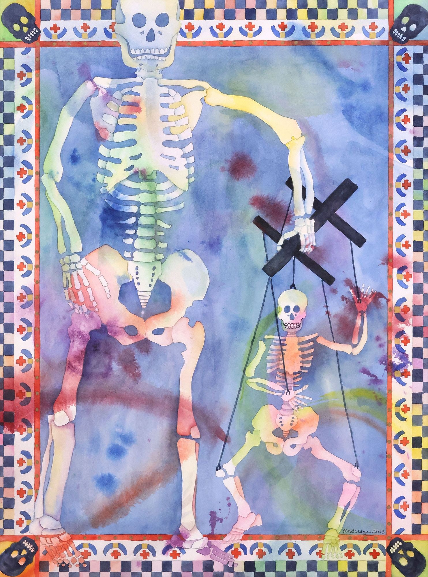 KARIN M. ANDERSON (TX, 20TH C.) WATERCOLOR PAINTING, SKELETON MARIONETTE: Framed watercolor on paper painting, "Who's Pulling the Strings, Anyway?," signed lower right Anderson SWS (Karin Michele Anderson, Texas, 20th c.), retaining titled label and artist's card verso, sig