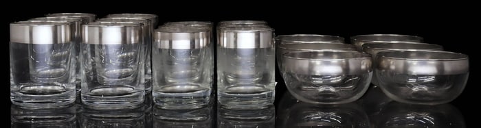 (18) DOROTHY THORPE (ATTRIB.) MID-CENTURY SILVER-RIMMED GLASS TABLEWARE