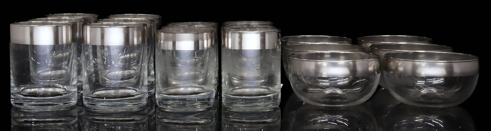 (18) DOROTHY THORPE (ATTRIB.) MID-CENTURY SILVER-RIMMED GLASS TABLEWARE (1 of 2)