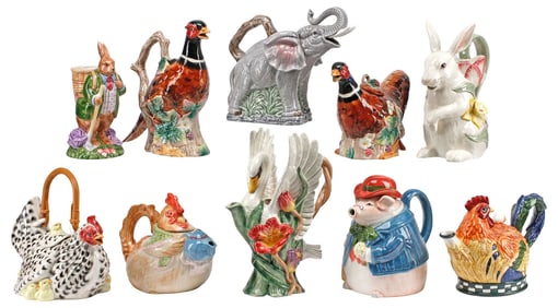 (10) CERAMIC NOVELTY ANIMAL-FORM TEAPOTS, FITZ & FLOYD & OTHER