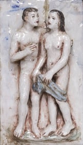 HANS STANGL (D.1963) FRAMED GLAZED CERAMIC RELIEF PLAQUE, NUDE COUPLE