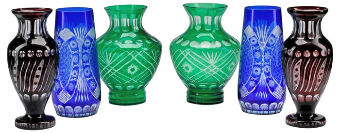 (6) BOHEMIAN STYLE COLOR CUT-TO-CLEAR CRYSTAL VASES