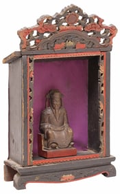 CHINESE CARVED WOOD ALTAR SHRINE WITH SEATED MALE FIGURE