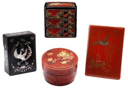 (4) JAPANESE LACQUERED TABLE BOXES, 1 WITH MOP INLAY
