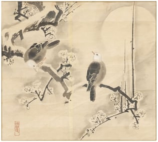 JAPANESE 'FUNPON' INK SKETCH SIGNED KANO-SHI, BIRDS ON BLOSSOMING BRANCH