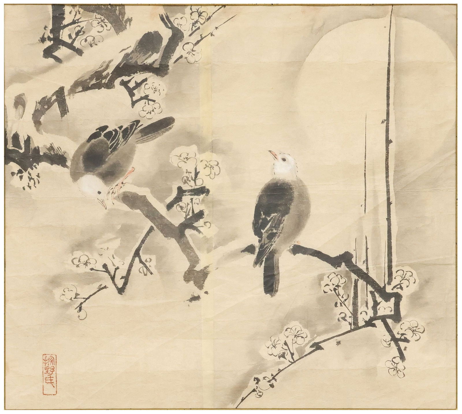 JAPANESE 'FUNPON' INK SKETCH SIGNED KANO-SHI, BIRDS ON BLOSSOMING BRANCH: Japanese ink on paper "funpon" sketch, Two Birds on Blossoming Branches, Kano-Uji (Kano-Shi) red artist seal lower left, retaining Marjorie Townley Gallery, Austin label verso, visible overlap to shee