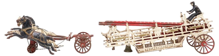 CAST IRON THREE HORSE FIRE LADDER WAGON TOY