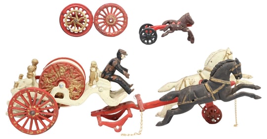 (2) CAST IRON HORSE-DRAWN TOYS, FIRE HOSE WAGON & HARNESSED HORSES