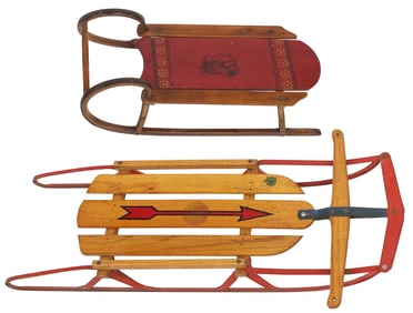 (2) VINTAGE AMERICAN CHILD'S SLEIGHS, FREQUENT FLYER & PARIS MAINE