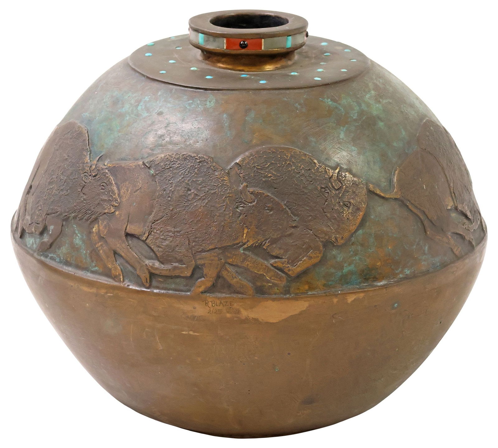 LARGE NATIVE AMERICAN RANDALL BLAZE (B.1949) BUFFALO BRONZE POT, 2/25 (1 of 4)