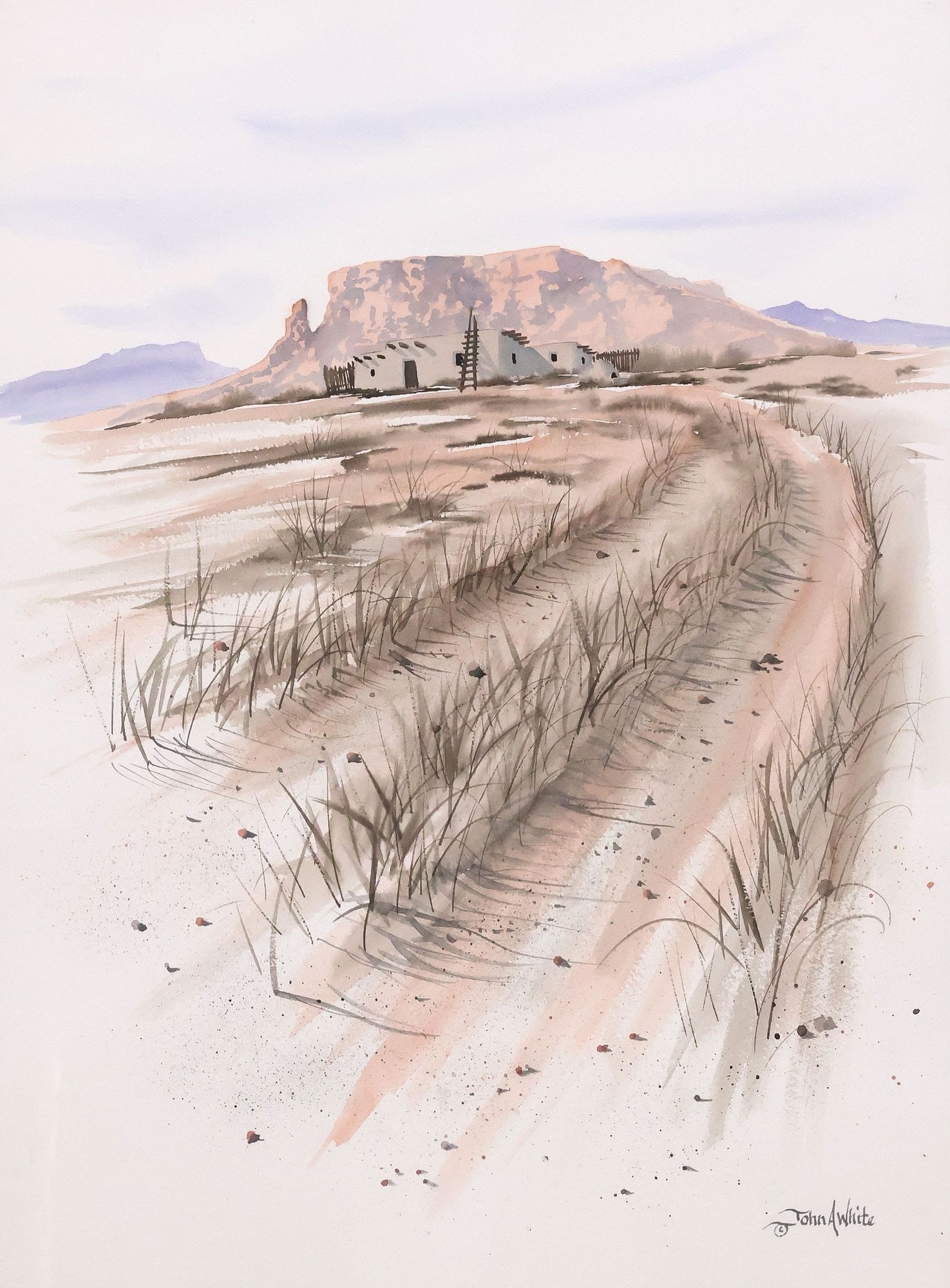 JOHN A. WHITE (20TH C.) WATERCOLOR PAINTING, SOUTHWEST PUEBLO LANDSCAPE (1 of 4)