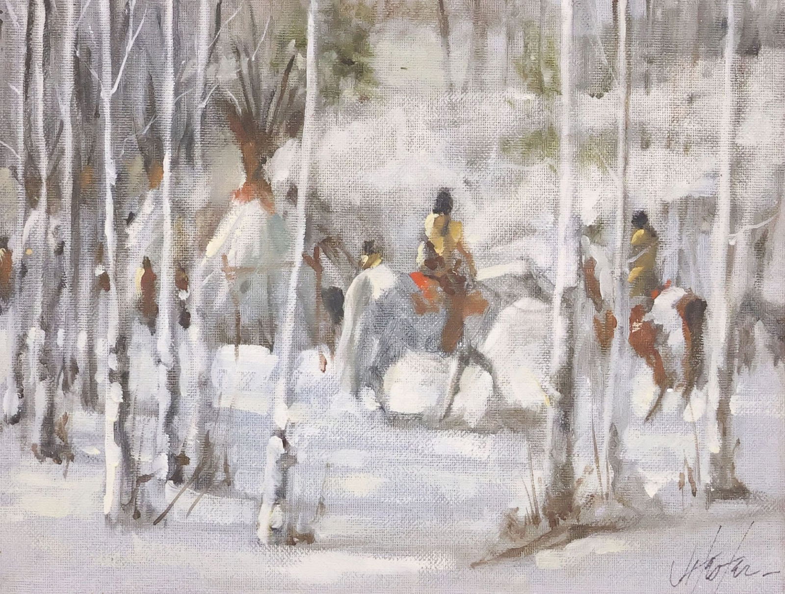 JAY HESTER (TX, B.1940) WESTERN PAINTING, NATIVE AMERICAN WINTER SCENE (1 of 5)