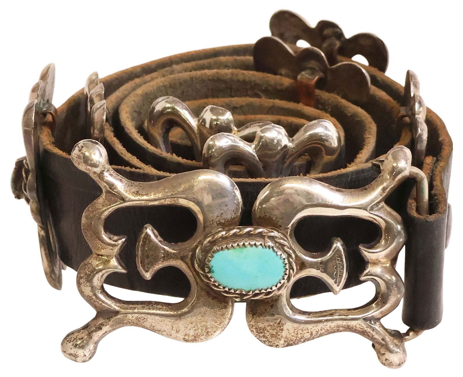 NATIVE AMERICAN TUFA CAST SILVER & TURQUOISE CONCHO BELT (1 of 5)