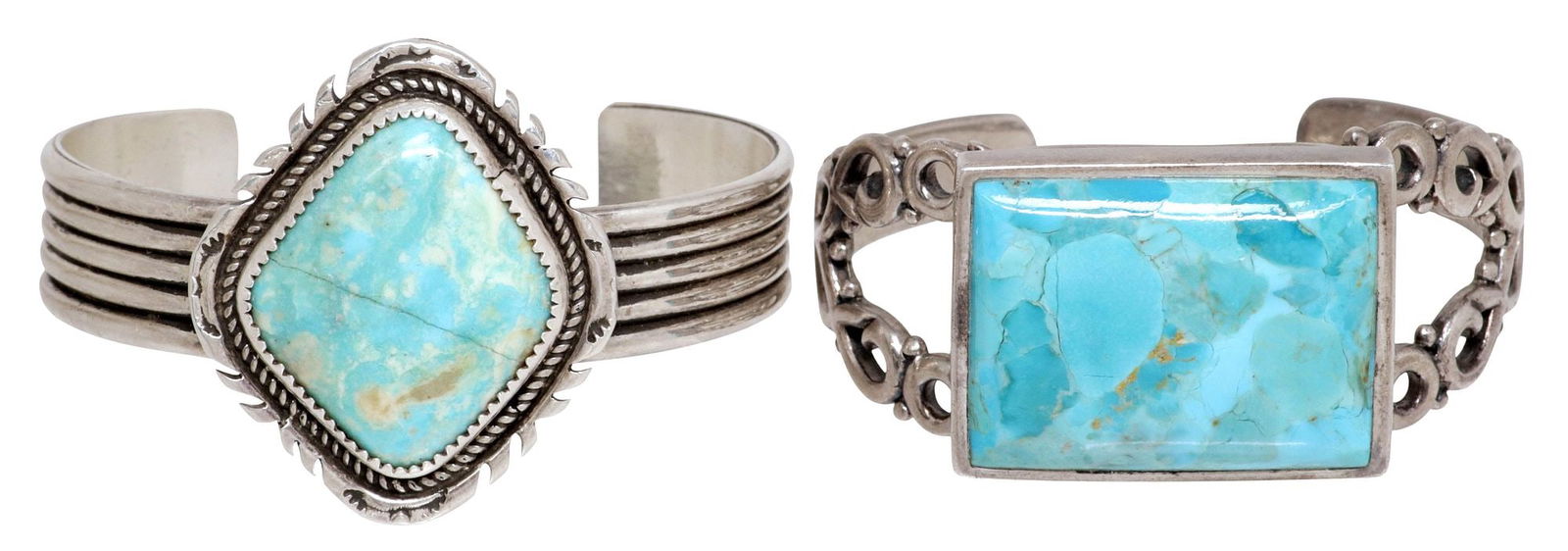 (2) SOUTHWEST STYLE STERLING & TURQUOISE CUFF BRACELETS (1 of 5)