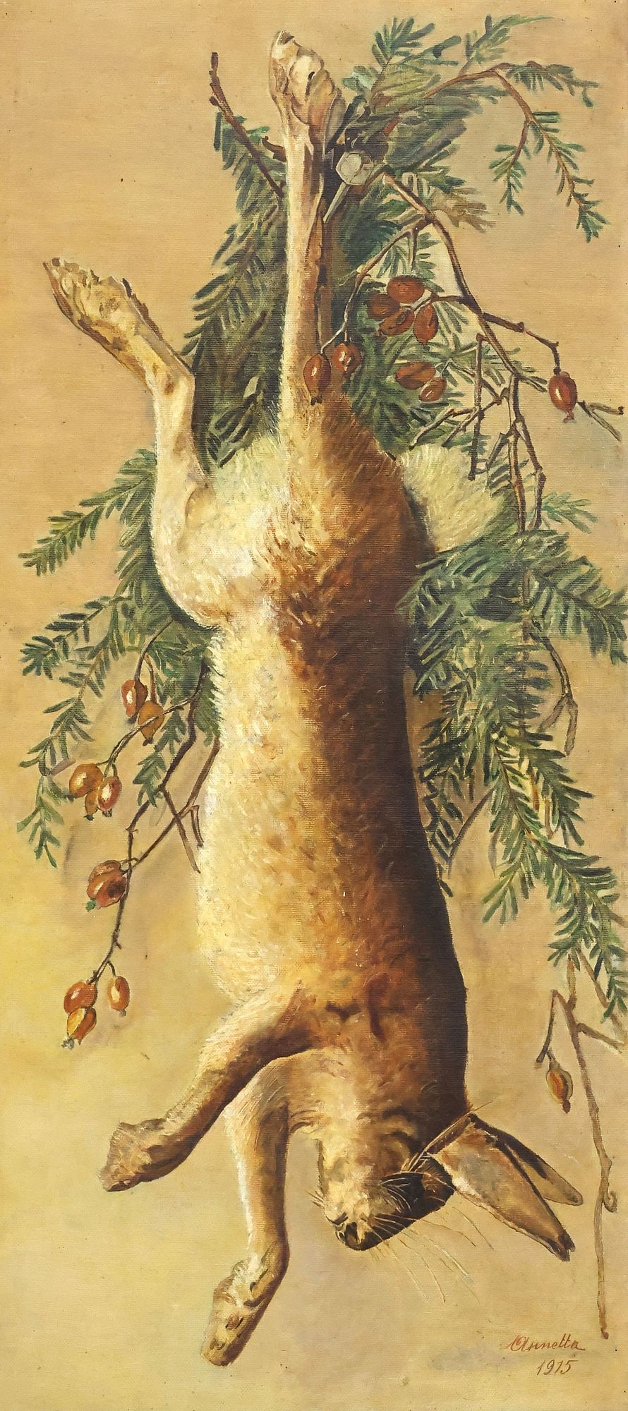 SIGNED ITALIAN SCHOOL OIL PAINTING, STILL LIFE WITH GAME ANIMAL: Framed Italian School oil on canvas painting, Still Life with Hare and Greenery, signed lower right Annetta, dated 1915, sight: approx 39"h, 17.5"w, overall: approx 42.25"h, 20